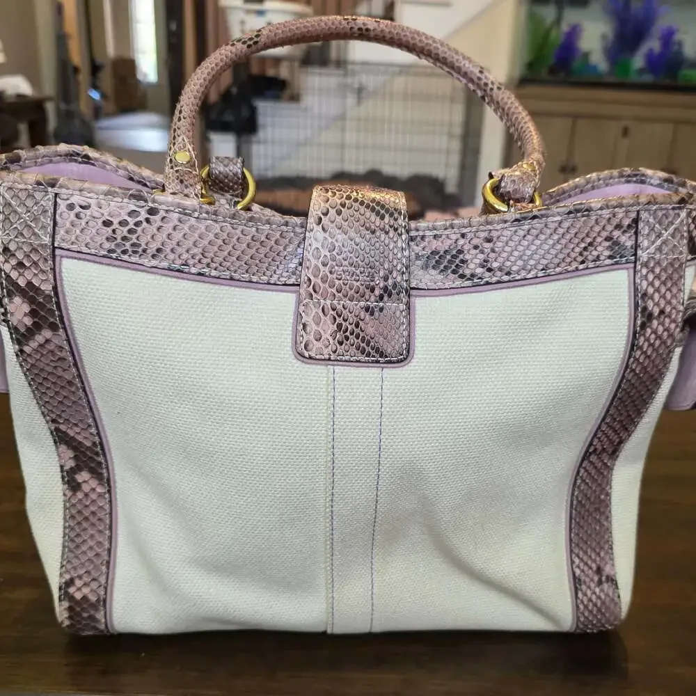 Coach Canvas and Snakeskin Trim Boxy Tote Handbag